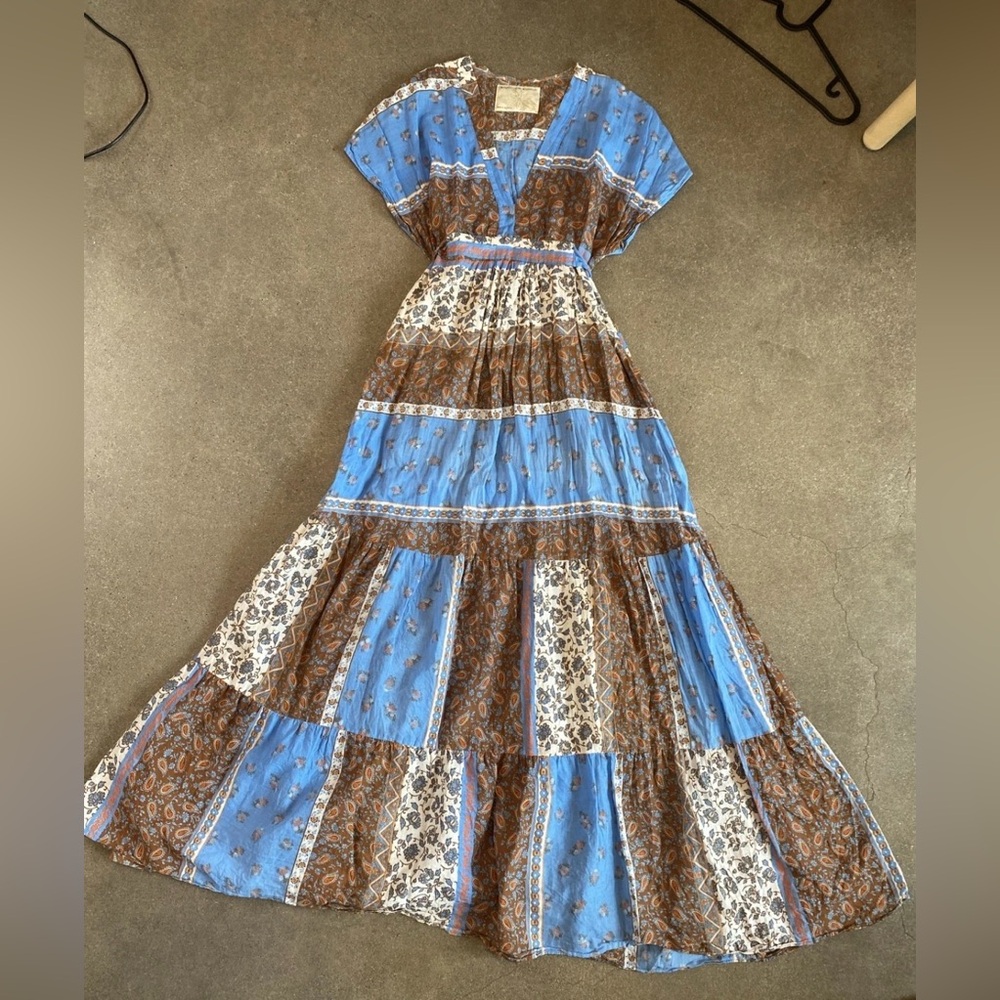 Elegant Blue and Brown Patchwork Maxi Dress